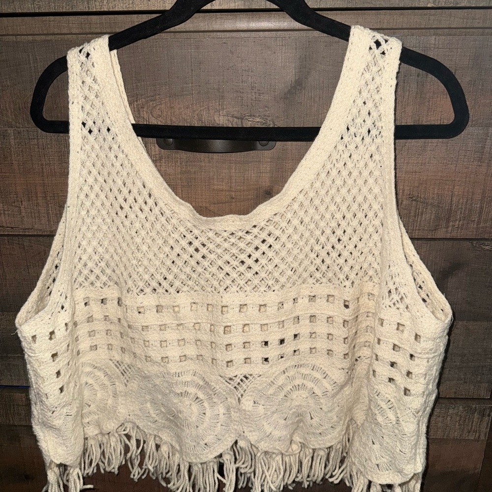 Cream Crochet Fringe Tank Top